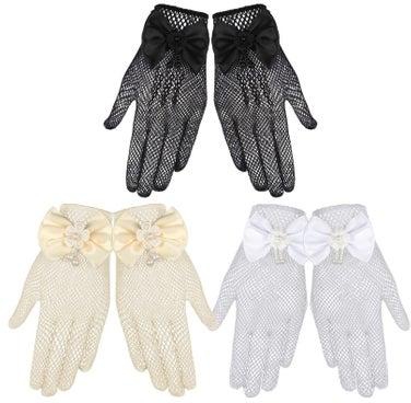 3 Pairs Girl Net Lace Gloves Tea Party Gloves Princess Gloves Bow Tie Gloves Kids First Communion Gloves for Little Girls Pearl Dress Gloves for Wedding Pageant for Girls Aged 4-16