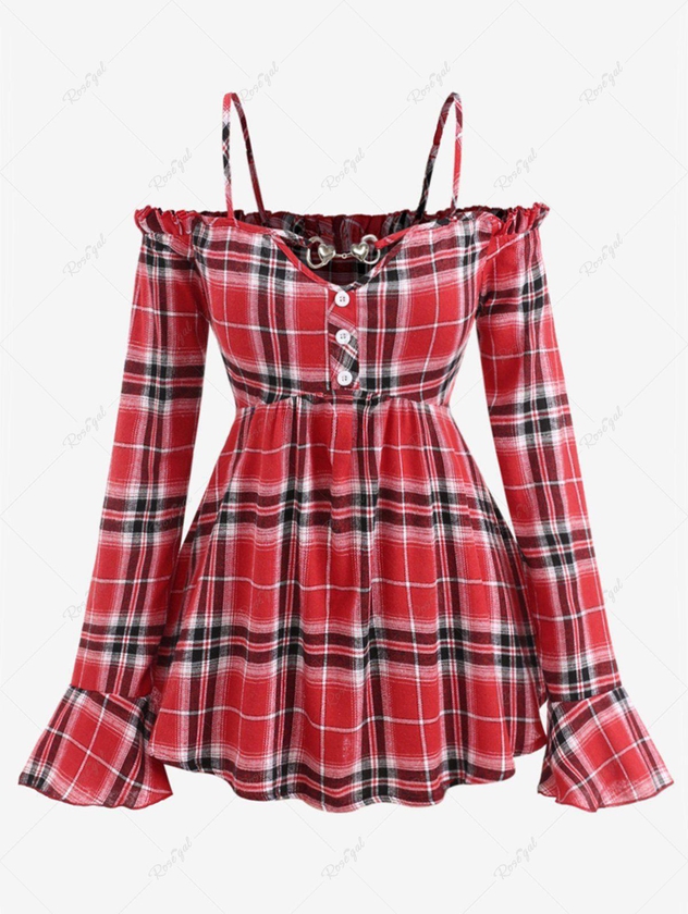 Plus Size Plaid Heart Buckle Buttons Off Shoulder Poet Sleeves Ruched T-shirt - 2x | Us 18-20