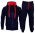 Sanwood Casual Solid Color Men Sports Plush Sweat Suit Hoodie Coat Trousers Pants Set - Navy Blue + Red