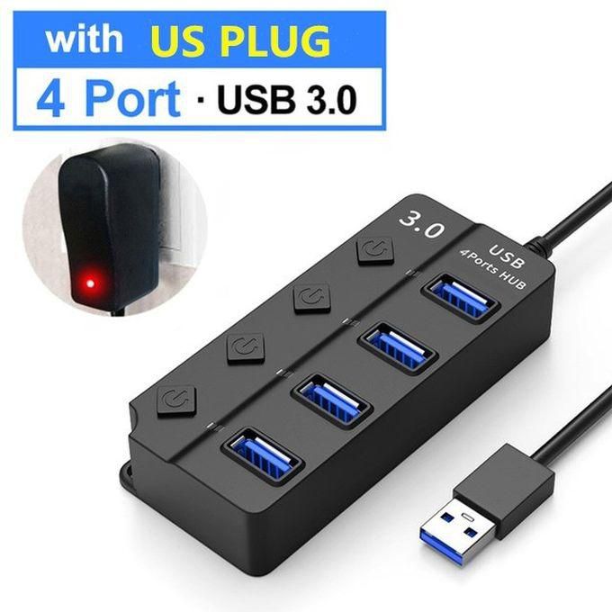 （4PORT HUB US PLUG）USB 3.0 Hub USB Hub 3.0 Multi USB Splitter 3 Hab Use Power Adapter 4/7 Port Multiple Expander 2.0 USB3 Hub With Switch For PC