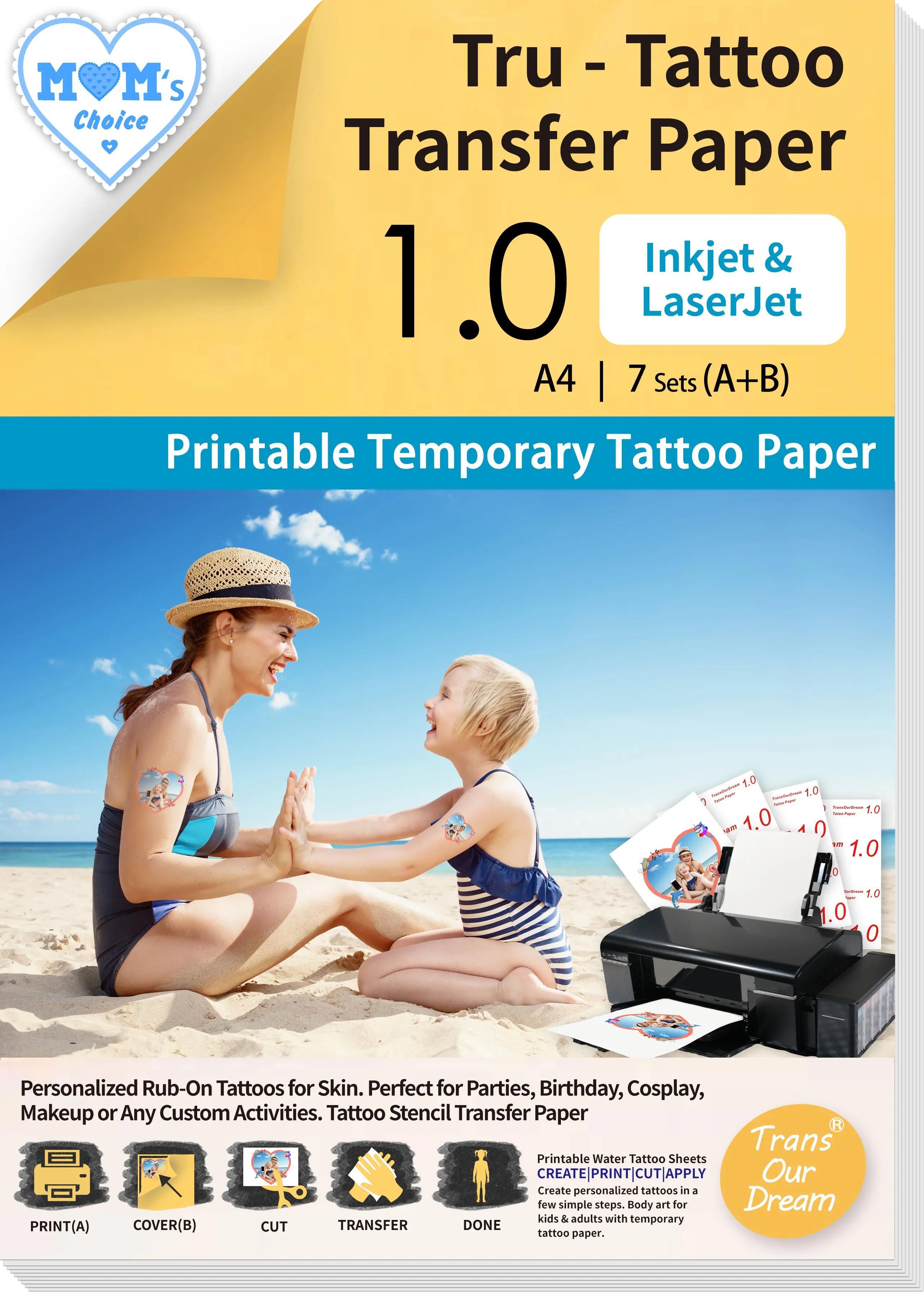 TransOurDream Printable Temporary Tattoo Transfer Paper for Inkjet & Laser Printer (A+B per Set,5 Sets, A4 size) DIY Personalized Tattoo Paper for Skin