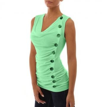 Women Slim Single-breasted Basic Sleeveless T-shirt Pure Color Cotton Tee Tops green s