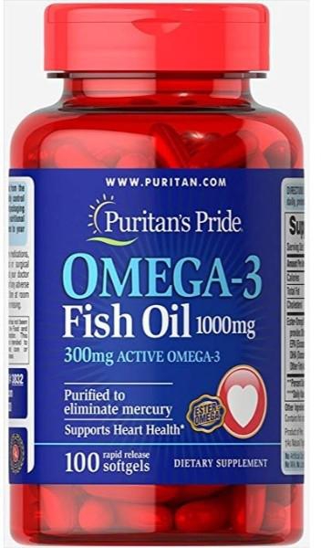 Puritan's Pride Omega-3 Fish Oil 1000 mg (300 mg Active Omega-3)-100 Softgels