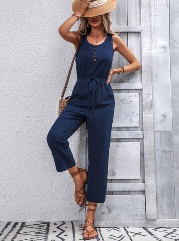 SHEIN LUNE Solid Knot Front Tank Jumpsuit Blue