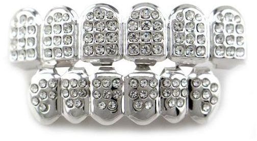 Generic Set Silver Teeth Grillz Top Bottom Iced Out CZ Hip Hop Tooth