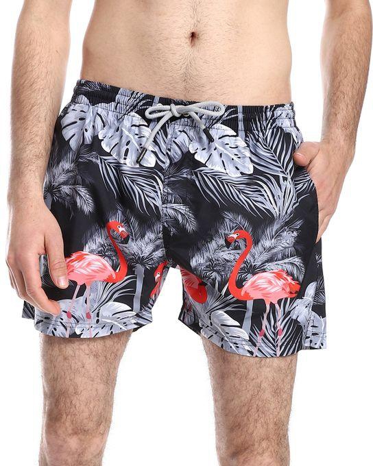 Pavone Flamingo Pattern Slip On Swim Shorts - Black, Grey & Red
