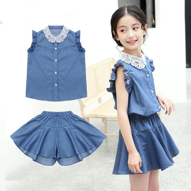 Girls Suit Denim Style Sleeveless Top Culottes Pants Suit - 6 Sizes (As Picture)