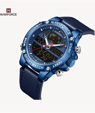 NF9164 BE/BE/BE Men Digital Sports Chronograph Quartz Wristwatch Military Waterproof Leather Strap Watch - Blue