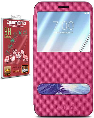 Window View Cover for LG Stylus 3 – Pink + Diamond Glass Screen Protector