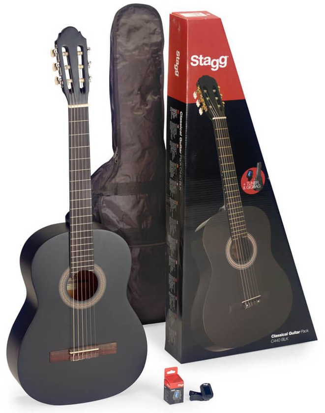 Buy Stagg Guitar Pack with 4/4 Black Classical Guitar with Linden Top, Tuner, Bag and Colour Box -  Online Best Price | Melody House Dubai
