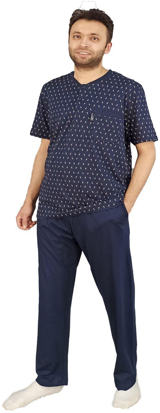 Jet Men Summer Pajama Set Printed Top & Plain Bottom - Navy Blue