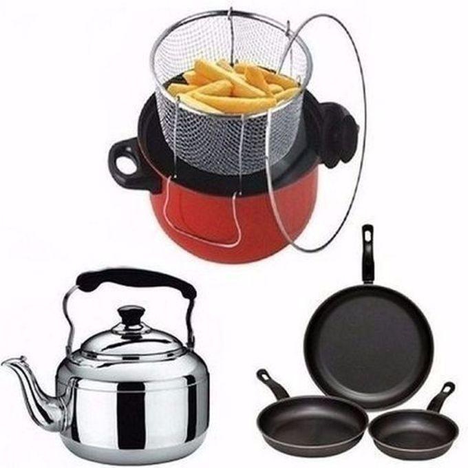 Non-Stick Manual Deep Fryer, Whistling Kettle & 3 Pcs Non-Strick Frying Pans Home Kitchen Cooking Bundle Combo -