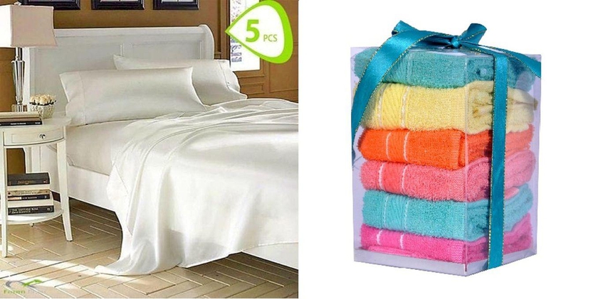 Satin Bed Sheet Set - 5 Pcs - Off White + Cotton Towels - 6 Pcs - 30*30 Cm