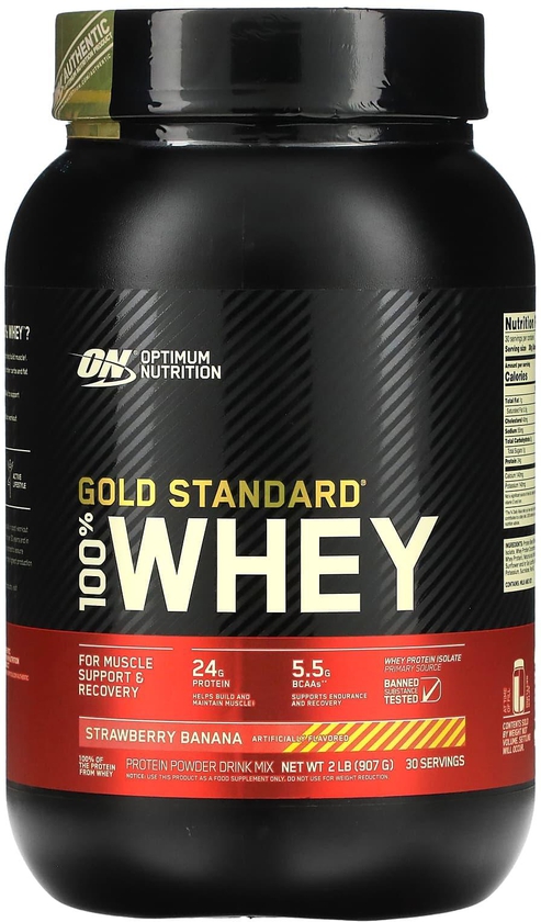 Optimum Nutrition‏, Gold Standard 100% Whey، بنكهة الفراولة والموز، رطلان (907 كجم)