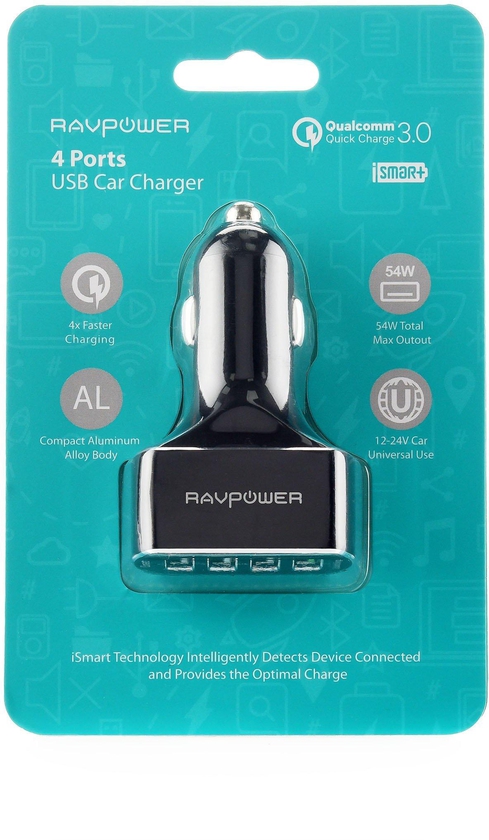 RAVPower 54W 4-Port QC 3.0 Car Charger, Black