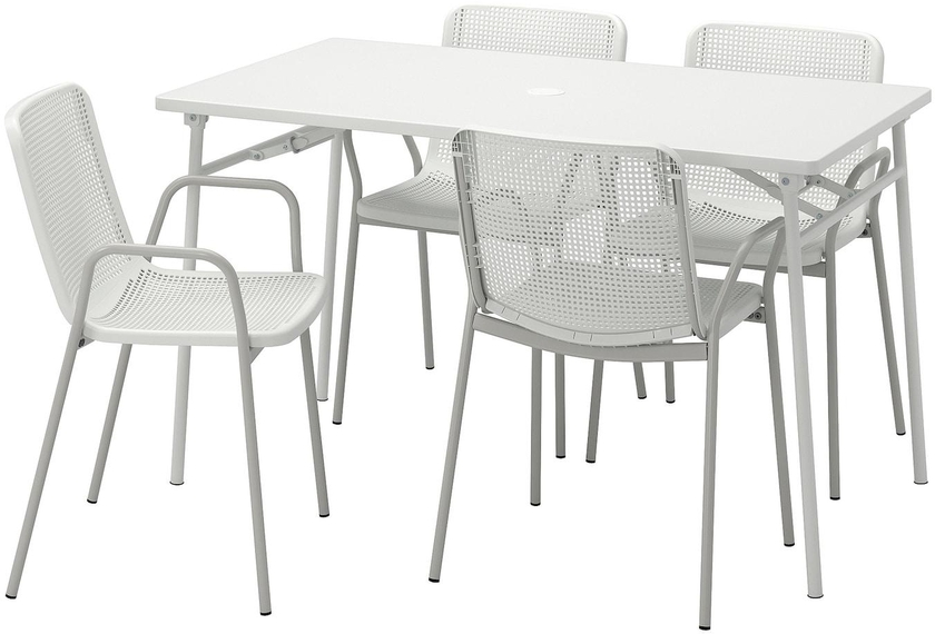 TORPARÖ Table+4 chairs w armrests, outdoor - white/white/grey 130 cm