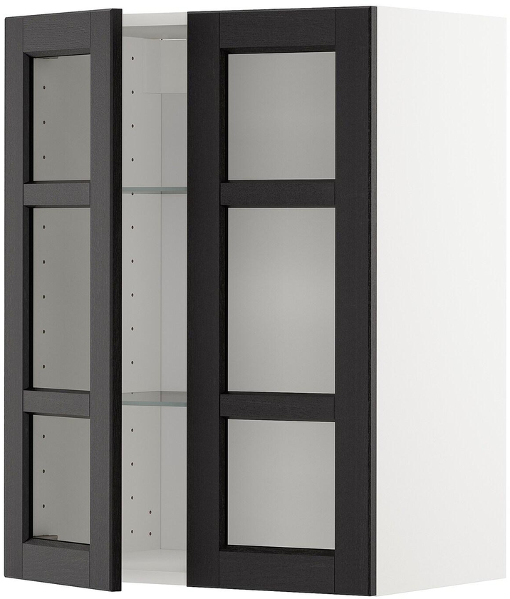 METOD Wall cabinet w shelves/2 glass drs, white, Lerhyttan black stained, 60x80 cm