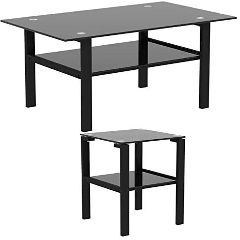 Recaceik 2-Piece Glass Coffee Table Set 2-Tier Modern Coffee Table Living Room Tables with Side Table, Clear Coffee Table and End Table Sets w/Storage Shelf Center Table for Living Room, Office
