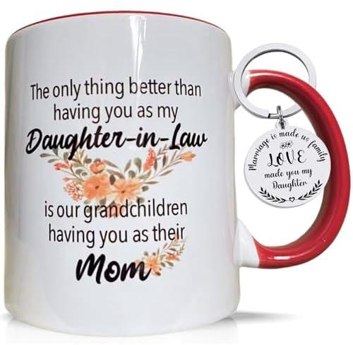 MALLAbyLAMMA Daughter in Law Mug 11 Ounce Ceramic, Daughter-in-Law Keychain, To My Daughter In Law Gift from Mother-in-Law, Gift for Daughter in Law Pregnancy Birthday Mothers Day Valentines