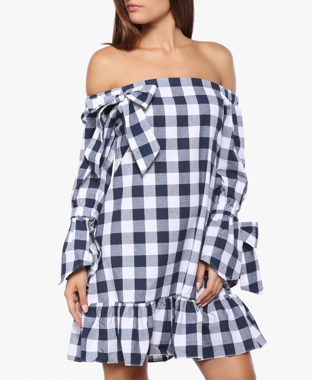 White and Navy Felicity Off The Shoulder Dress