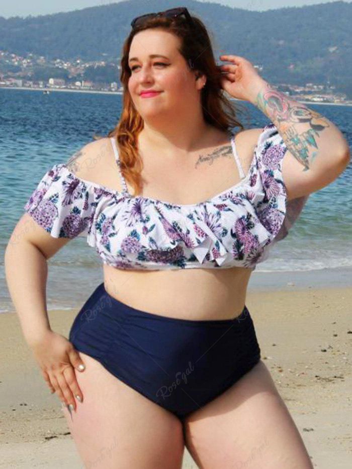 Plus Size 1950s Floral Ruffle Ruched Two Piece Swimwear - 5x