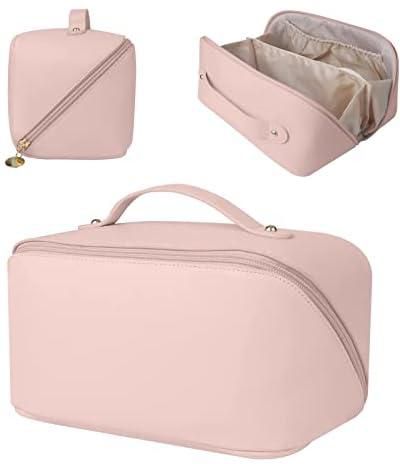 Tiokkss Large-Capacity Travel Cosmetic Bag | Leather Makeup Bag | Waterproof Portable Cosmetic Bag | Multifunctional Storage Makeup Bag | Travel Cosmetic Bag (Pink)