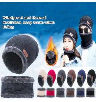 مجموعة من قبعة و وشاح، قبعة شتوية دافئة مبطنة بالصوف السميك مع تدفئة للرقبة