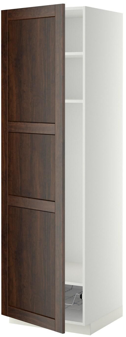 METOD High cabinet w shelves/wire basket, white, Edserum brown, 60x60x200 cm