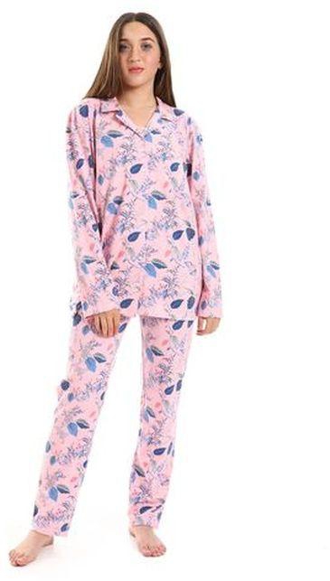 Floral Patterned Long Sleeves Turn Down Collar Pajama Set - Bubblegum Pink, Blue & Beige