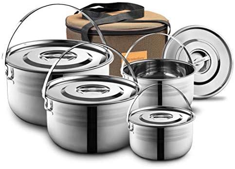 Camping Cookware Set - Compact Stainless Steel Campfire Cooking Pots and Pans | Combo Kit with Travel Tote Bag | Rugged Outdoor Cook Set for Hiking | Barbecues | Beach | Hiking Gear