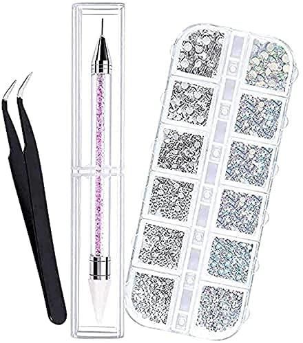 1440 Pieces Rhinestones - 6 Sizes Flat Back Gems, Crystal AB Rhinestones Nail Art Gems and Rhinestones for Nails/Clothes/Face/Craft, with Pick Up Tweezer and Rhinestone Picker Dotting Pen