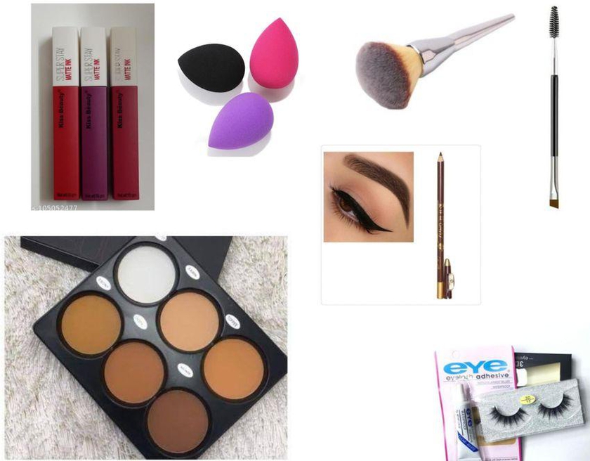 3pcs matte lipstick, beauty blender, contour palette, powder brush, eyelashes ,glue ,eyebrow brush , brow pencil,