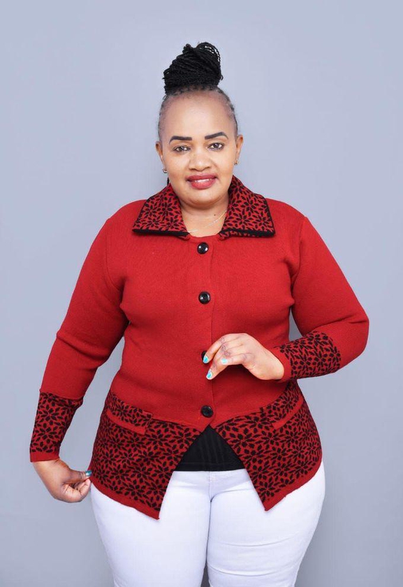 Fashion Red Thick Knitted Black Button Cardigan with Florals Collars + Pockets Women Sweaters
