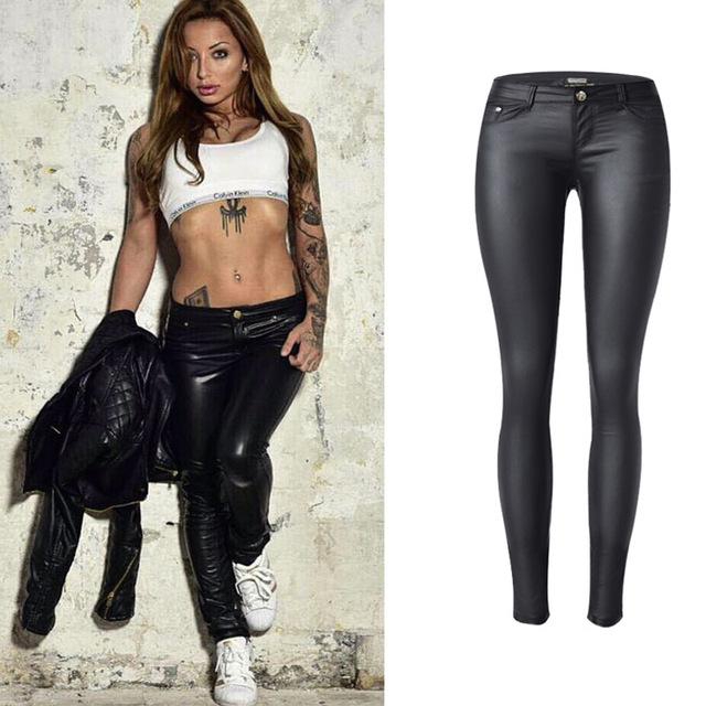 Low Waist PU Leather Pencils Pant Female Zipper Pockets Denim Pants High Street Skinny Jeans Pant