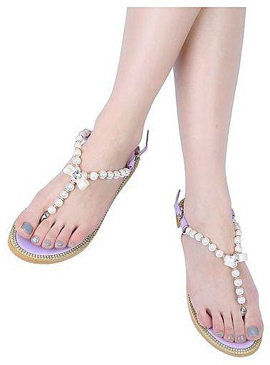 Fashion Women Pearl Bowknot Flat Sandal - Light Purple