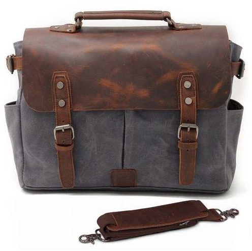 BlueLife Genuine Leather Laptop Canvas Messenger Bag 14 Inch Waterproof Shoulder Briefcase - Grey