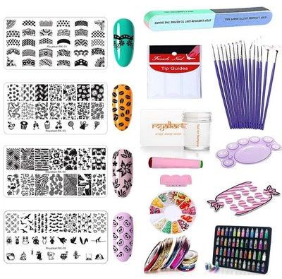 Combo Of 3D Nail Art Stamping Kit 4 Rectangular Image Plates Soft Nail Silicone Stamper & Scraper & 3D Nail Art Tools For Gift Girl & Women