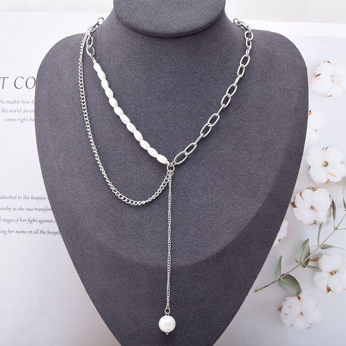 Pearl Chain Pendant Necklace- Silver