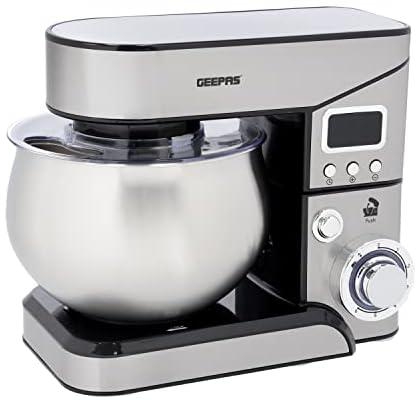 Geepas Digital Multi Function Kitchen Machine, GSM43046 6 Speed Control Kitchen Electric Mixer with Dough Hook, Whisk, Beater 5L Stainless Steel Bowl with Lid 1300W Powerful Motor, Silver