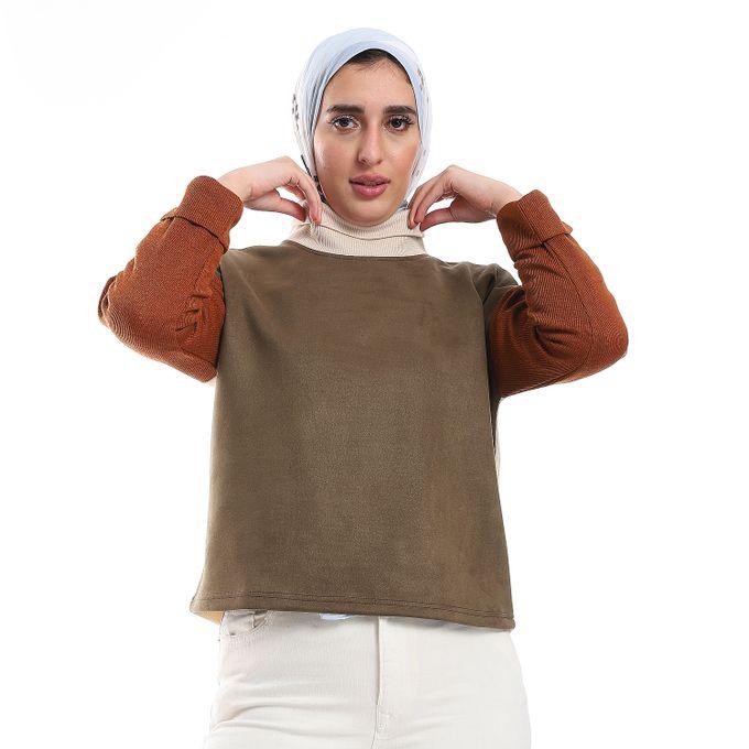 M Sou Tri-Tone Long Sleeves Slip On Sweater - Olive, Caramel Brown & Beige