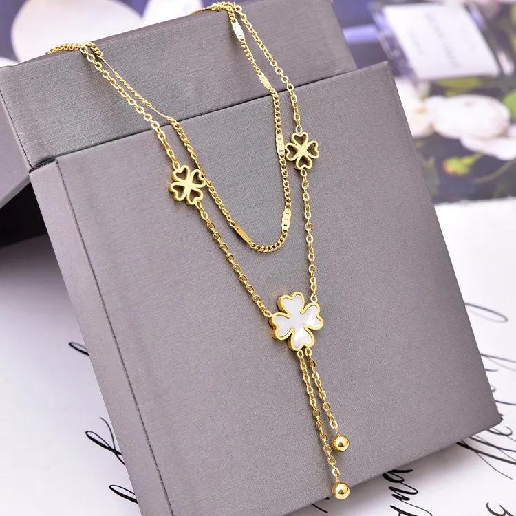 Titanium Steel Necklace Heart shaped Flower White Shell Tassel Pendant Double layered Short Collar Chain Hollow Flower Ornament