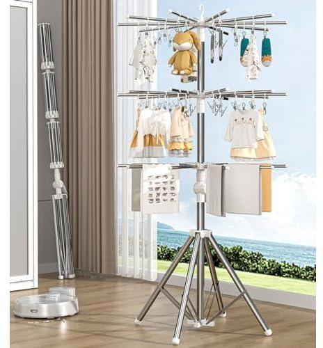 Foldable Clothes Drying Stand, Metal Clothes Drying Rack with Windproof Clips for Indoor Outdoor, Baby Clothes Diappers Towels Drying Hanger with 3-Tier Heavy Duty Racks for Balcony Laundry Dryer Room