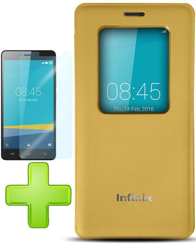Speeed Window View Cover for Infinix Hot 3 X554 - Gold + Glass Screen Protector