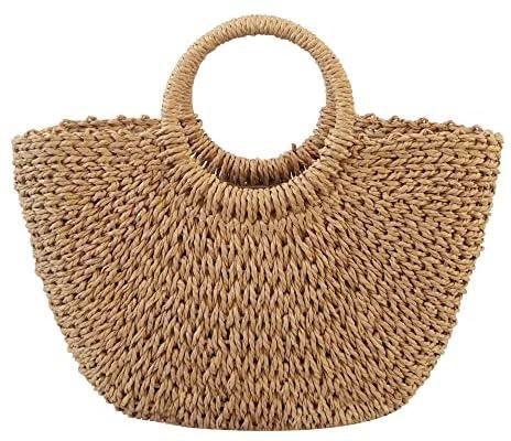 ORiTi Womens Large Straw Beach Tote Bag Summer Rattan Bag for Women Straw Hand-woven Top-handle Handbag Beach Sea Straw Rattan Clutch Bags