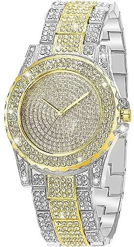 Luxury Ladies Watch Iced Out Watch with Quartz Movement Crystal Rhinestone Diamond Watches for Women Stainless Steel Wristwatch Full Diamonds (Silver Gold Color)