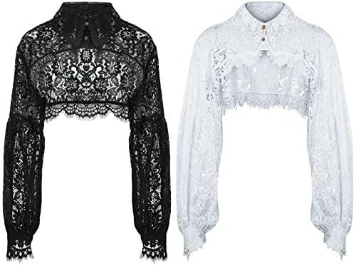 2 Pack Fake Collar Detachable Dickey Blouse False Collar Sun Protection Lace Half Shirt Blouse Flower Embroidery Collar Long Lantern Sleeve Crop Top for Women Ladies Girls Favors