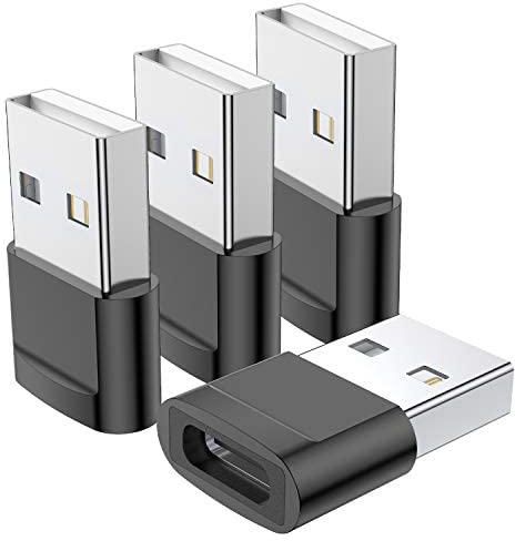 محول USB C انثى الى USB ذكر، محول كيبل شاحن نوع C إلى USB A متوافق مع ايفون 11 و12 و 13 برو ماكس وايباد 2020 وسامسونج جالكسي نوت 10 وS20 بلس وS20 بلس الترا وجوجل بيكسل 4 و3 و2 XL (اسود)، 4 قطع