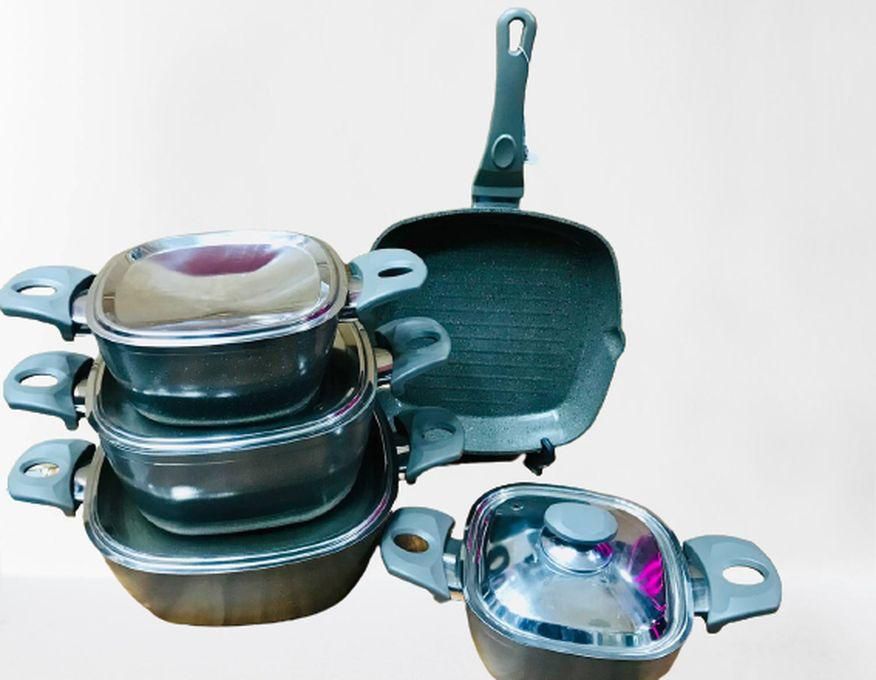 TOP CHEF Granite Cookware Set 4 Pots 18/20/24/28 Cm & Grill 28 Cm - Gray -