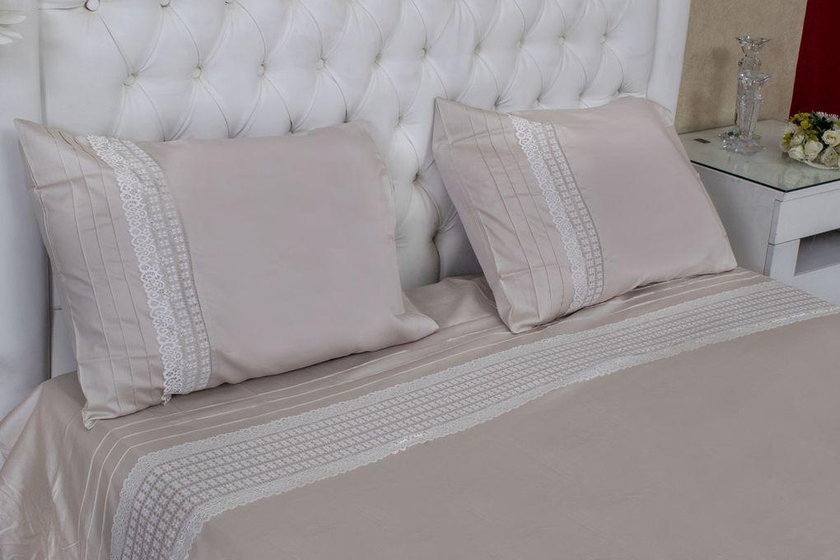 L'Antique Bed Sheet Set, 3 Pieces, Made Of Satin, Decorated With Lace, Size 240*260 Cm, Café