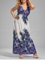 الطاووس الريشة طباعة زائد الحجم الخامس الرقبة فستان ماكسي